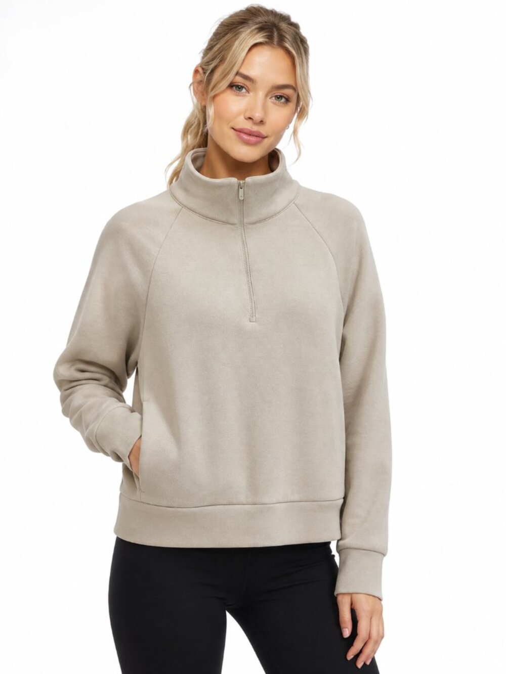 CALIA by Carrie Underwood Pique Soft Scuba 1/4 Zip Pullover Khaki Sand Medium